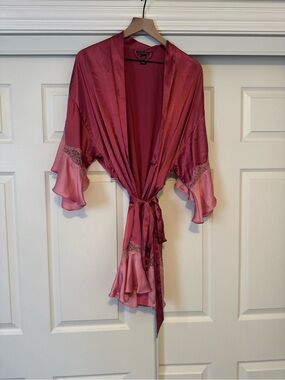 Silky Rose Pink Lace-Trim Kimono Robe - Women Intimates